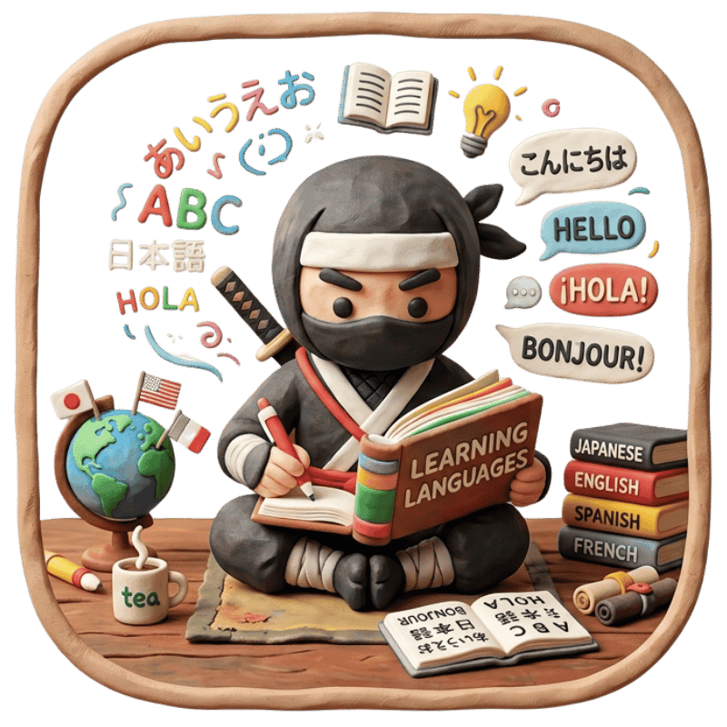 A language-learning ninja surrounded by books and multilingual phrases